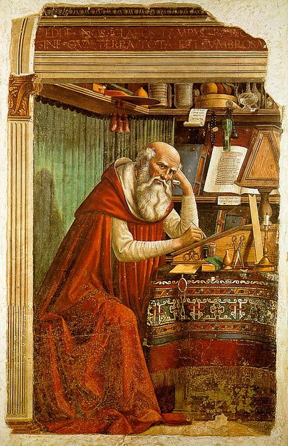 St Jerome, patron saint of translators. His translation of the bible from Hebrew into Latin in the 4th and 5th centuries made it accessible to the masses.